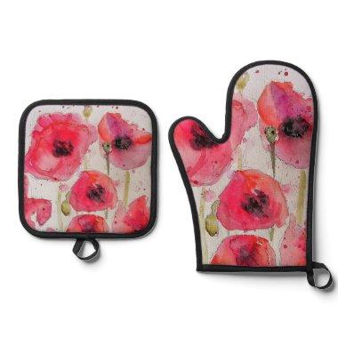 Red Poppy floral Flower Pattern Paper Party Plate Oven Mitt & Pot Holder Set