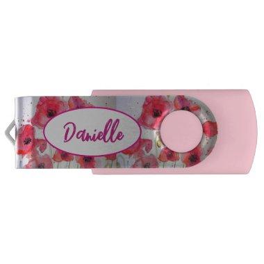Red Poppy Flower Floral Watercolor Luggage Tag Flash Drive