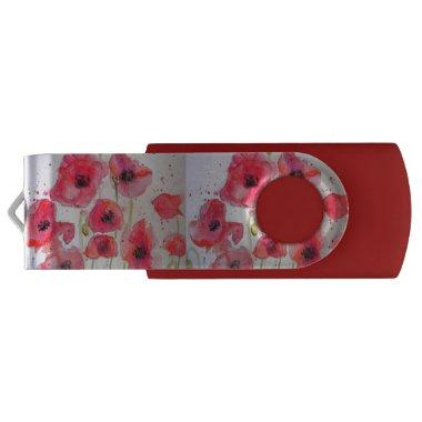 Red Poppy Flower Floral Watercolor Luggage Tag Flash Drive