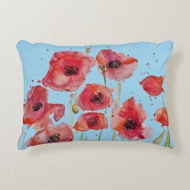 Red Poppy on Blue Watercolour Poppies Accent Pillow