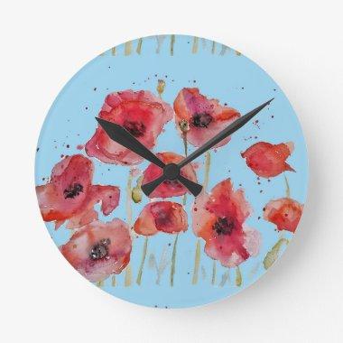 Red Poppy on Blue Watercolour Poppies Round Clock