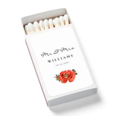 Red poppy watercolor wedding matchboxes