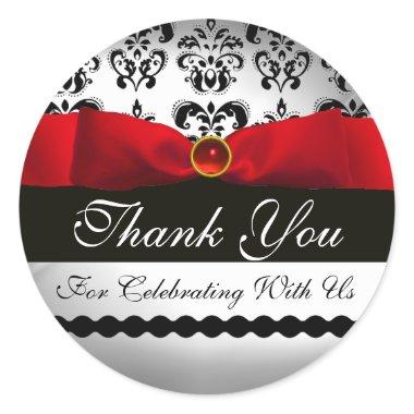 RED RIBBON BLACK & WHITE DAMASK CLASSIC ROUND STICKER