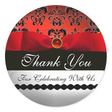 RED RIBBON BLACK & WHITE DAMASK Thank You Classic Round Sticker