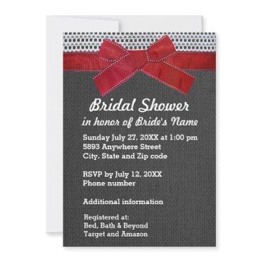 Red Ribbon, Lace, Gray Burlap  Invite