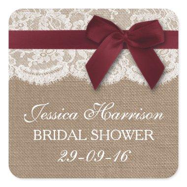 Red Ribbon On Burlap & Lace  Square Sticker
