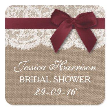 Red Ribbon On Burlap & Lace Bridal Shower Square Sticker