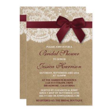 Red Ribbon On Kraft & Lace Bridal Shower Invitations