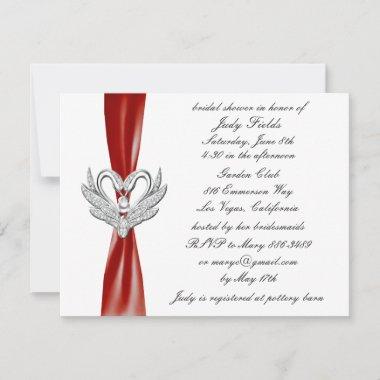 Red Ribbon Silver Swans Bridal Shower Invitations