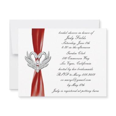 Red Ribbon Silver Swans Bridal Shower Invitations