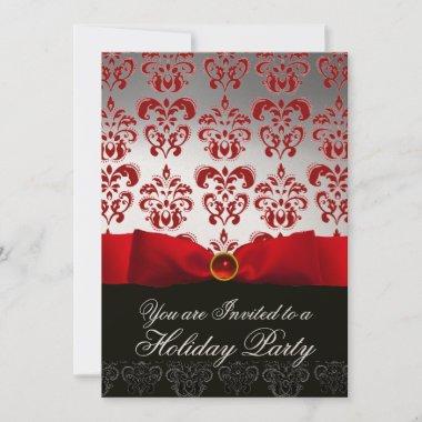 RED RIBBON WHITE BLACK DAMASK HOLIDAY PARTY Ruby Invitations
