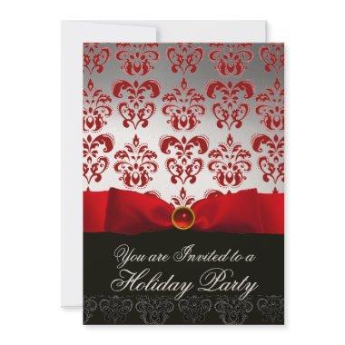 RED RIBBON WHITE BLACK DAMASK HOLIDAY PARTY Ruby Invitations