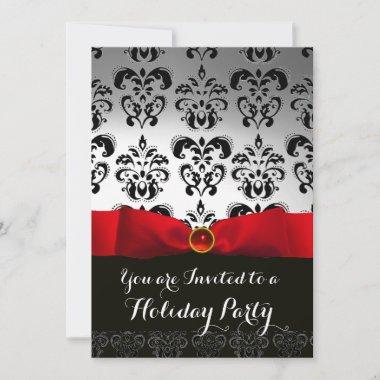 RED RIBBON WHITE BLACK DAMASK HOLIDAY PARTY Ruby Invitations