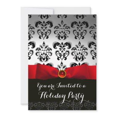 RED RIBBON WHITE BLACK DAMASK HOLIDAY PARTY Ruby