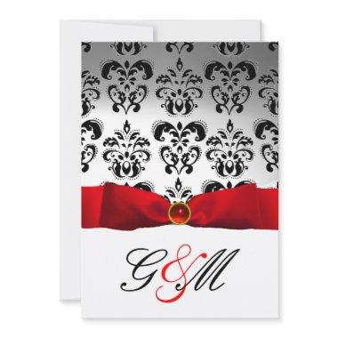 RED RIBBON WHITE BLACK DAMASK MONOGRAM Invitations