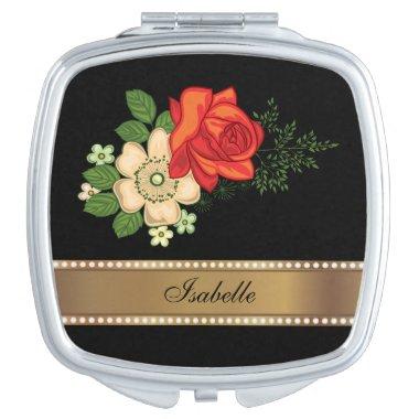 Red Rose and Daisies Gold Personalized Name Vanity Mirror