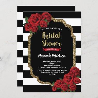 Red rose bridal shower Invitations black and gold