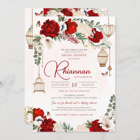Red Rose Floral Elegant Garden Bridal Shower Invitations