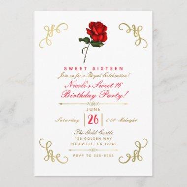 Red Rose Floral Gold Corners Sweet 16 Party Invitations