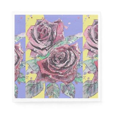 Red Rose Flower Pattern Purple Paper Party Napkins