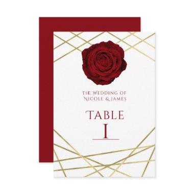 Red Rose & Gold Lines Floral Elegant Table Number