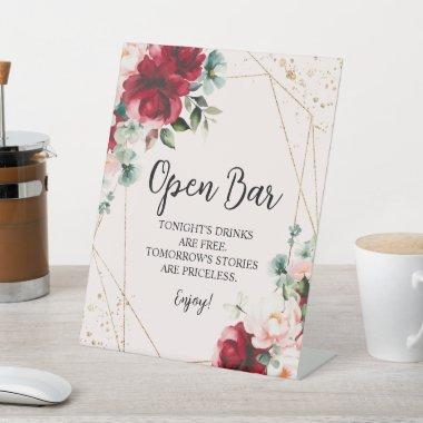 Red Rose & Gold Watercolor Open Bar Sign