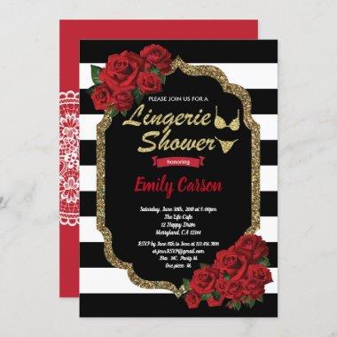 Red rose lingerie shower black and gold Invitations