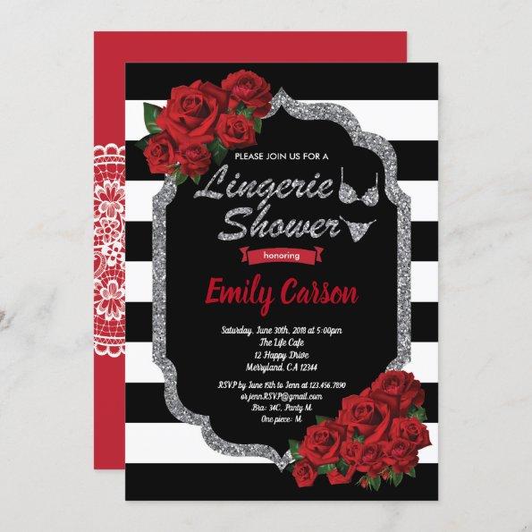 Red rose lingerie shower black and silver Invitations
