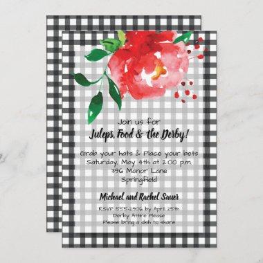 Red Rose on Black Check KY Derby Party Invitations