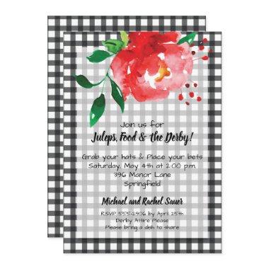 Red Rose on Black Check KY Derby Party Invitations