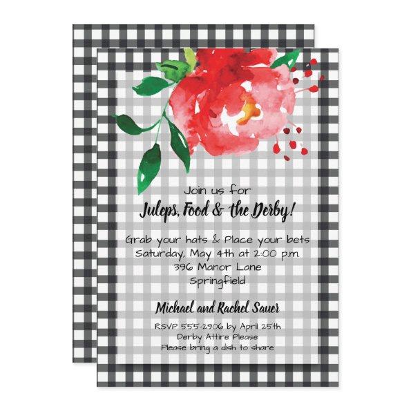 Red Rose on Black Check KY Derby Party Invitations