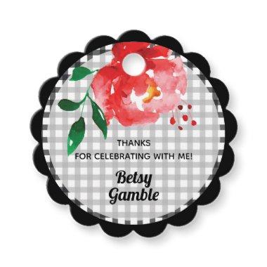 Red Rose on Black White Gingham Check Favor Tags