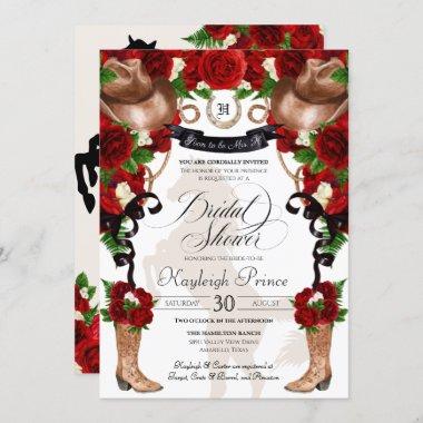 Red Rose Rustic Western Floral Boots Bridal Shower Invitations