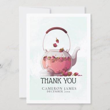 Red Rose watercolor Teapot Floral Tea Party Thank You Invitations