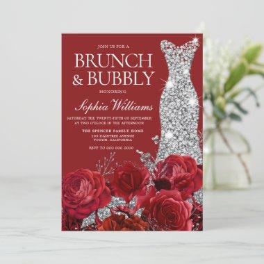 Red Rose Wedding Dress Brunch Bubbly Bridal Shower Invitations