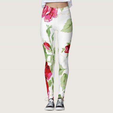 Red rose with white background print leggings