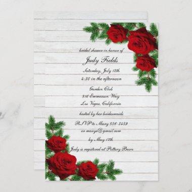 Red Roses And Pine Branch Christmas Bridal Shower Invitations