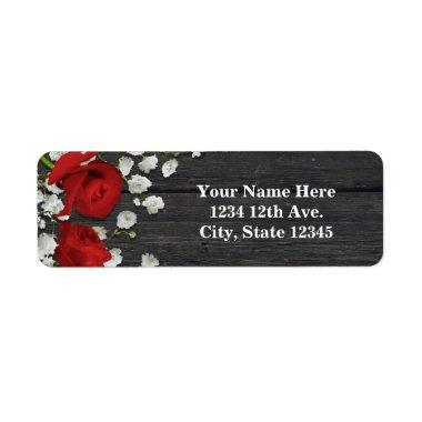 Red Roses & Baby's Breath on Wood Bridal Shower Label
