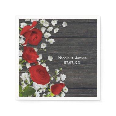 Red Roses & Baby's Breath on Wood Bridal Shower Napkins