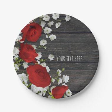 Red Roses & Baby's Breath on Wood Bridal Shower Paper Plates