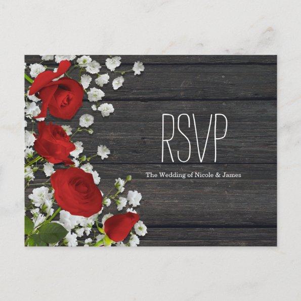 Red Roses & Baby's Breath on Wood RSVP Invitation PostInvitations