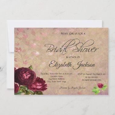 Red Roses Falling Leaves Wine Bridal Shower Invitations