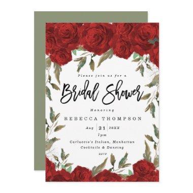 red roses & greenery boho modern bridal shower Invitations