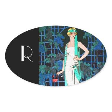 RED ROSES IN THE NIGHT,ART BEAUTY FASHION MONOGRAM OVAL STICKER