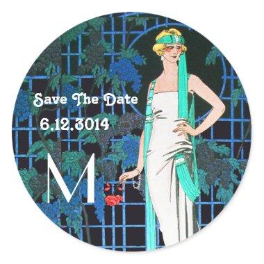 RED ROSES IN THE NIGHT Save the Date Monogram Classic Round Sticker