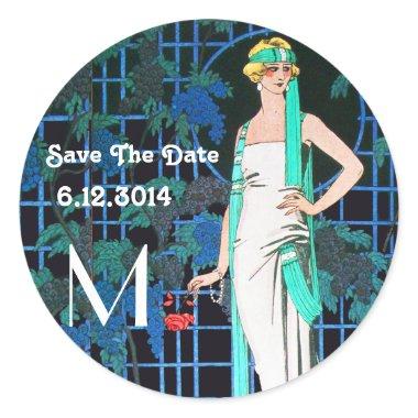 RED ROSES IN THE NIGHT Save the Date Monogram Classic Round Sticker