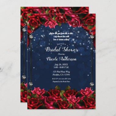 Red Roses Navy Blue Gold Enchanted Bridal Shower  Invitations