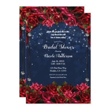 Red Roses Navy Blue Gold Enchanted Bridal Shower  Invitations