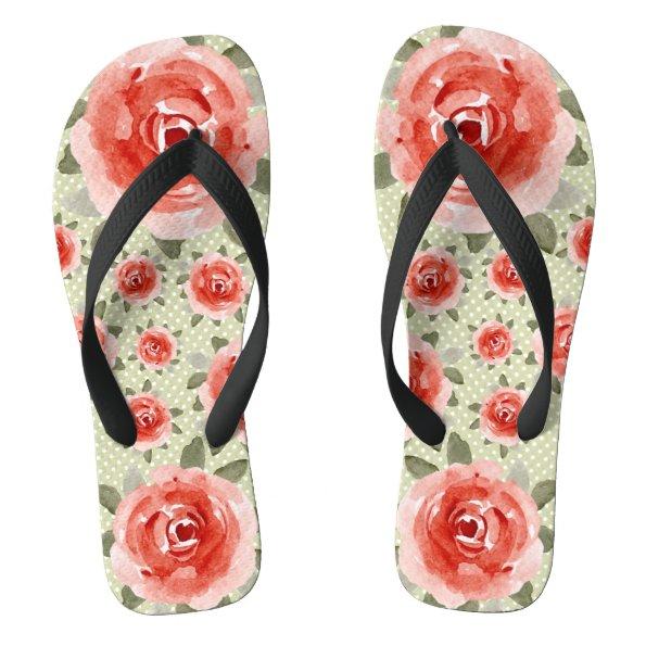Red Roses on White and Lime Dots Flip Flops