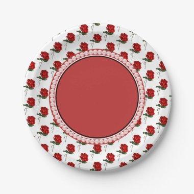 Red Roses & Pearls Elegant Floral Wedding Party Paper Plates